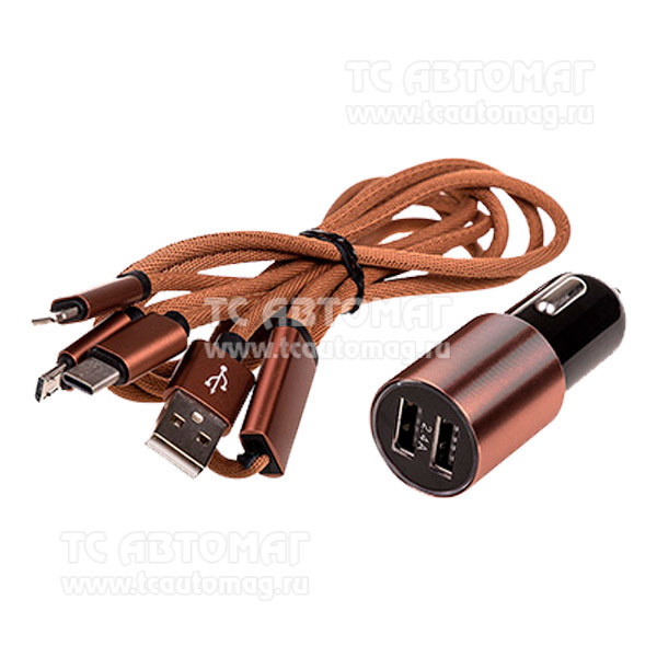 Зарядное устройство для мобильных телефонов 12/24V USBx2 черный/коричневый в коробке SKYWAY AK06 brown (187785)