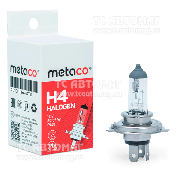 Лампа H-4 12V  60/55W Р43t 9510-H4-STD Metaco  (уп.10 шт.)